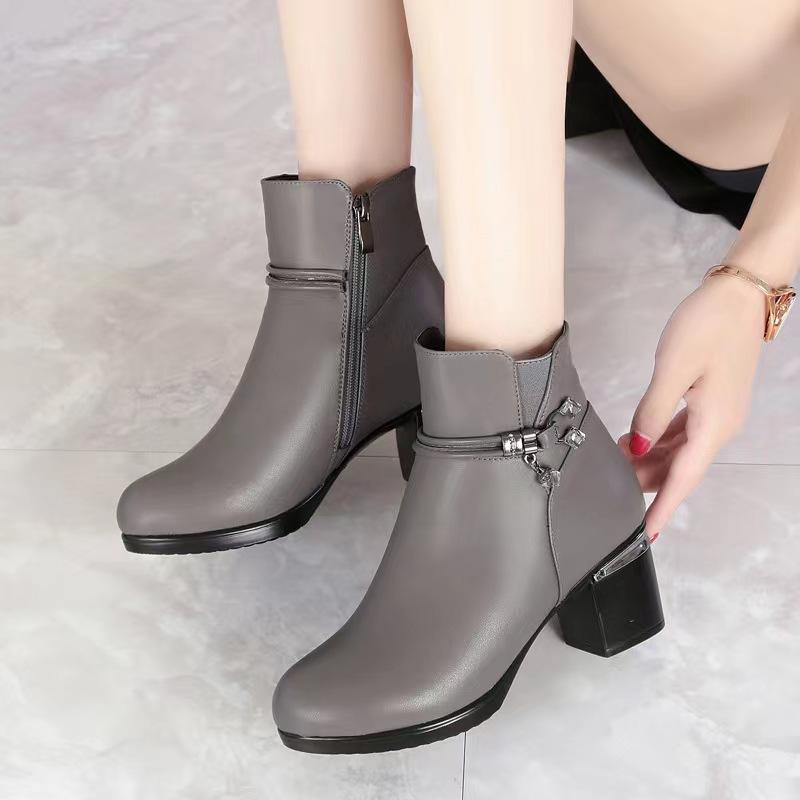 Winter Mother Cotton Shoes, Women's Short Boots, High-heeled Women's Boots, Mid-heel Plus Velvet Warm Cotton Boots