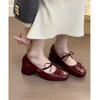 Red Ballet Mary Jane Shoes Women's Thick Heel Patent Leather Grandma Shoes Retro Shallow Mouth Square Head Single Shoes