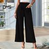 Women Summer Pants Elastic High Waist Casual Trousers with Pockets Solid Color Wrinkles Loose Fit Pants