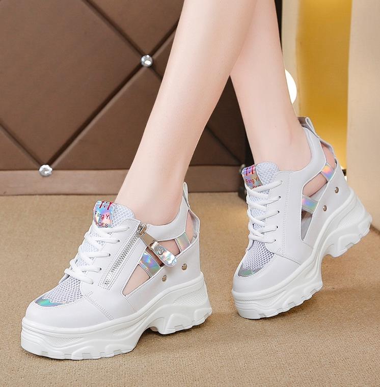 New Summer Women Sneakers Mesh High Platform Trainers White Shoes 9CM Heels Wedges Sandals Breathable Woman Casual Outdoor Shoe