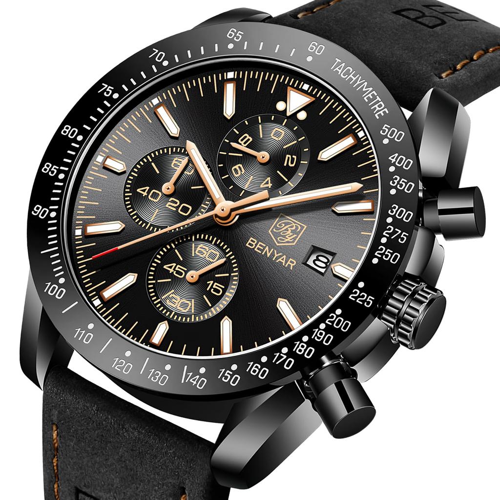 BY BENYAR Watch Watch Chronograph Analog Watch 30M Water Resistant Business Simple Stylish Popular Formal Leather Belt Quartz Watch Gift for Men Brown