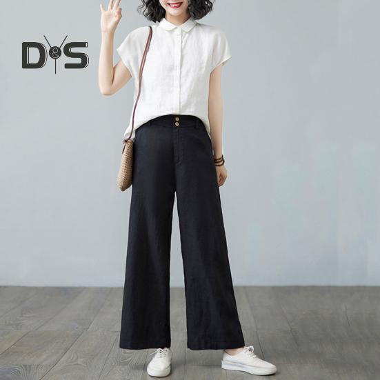 Women Casual Pants Elastic High Waist Buttons Zipper Fly Long Trousers with Pockets Solid Color Straight Wide Leg Slacks Daily Wear