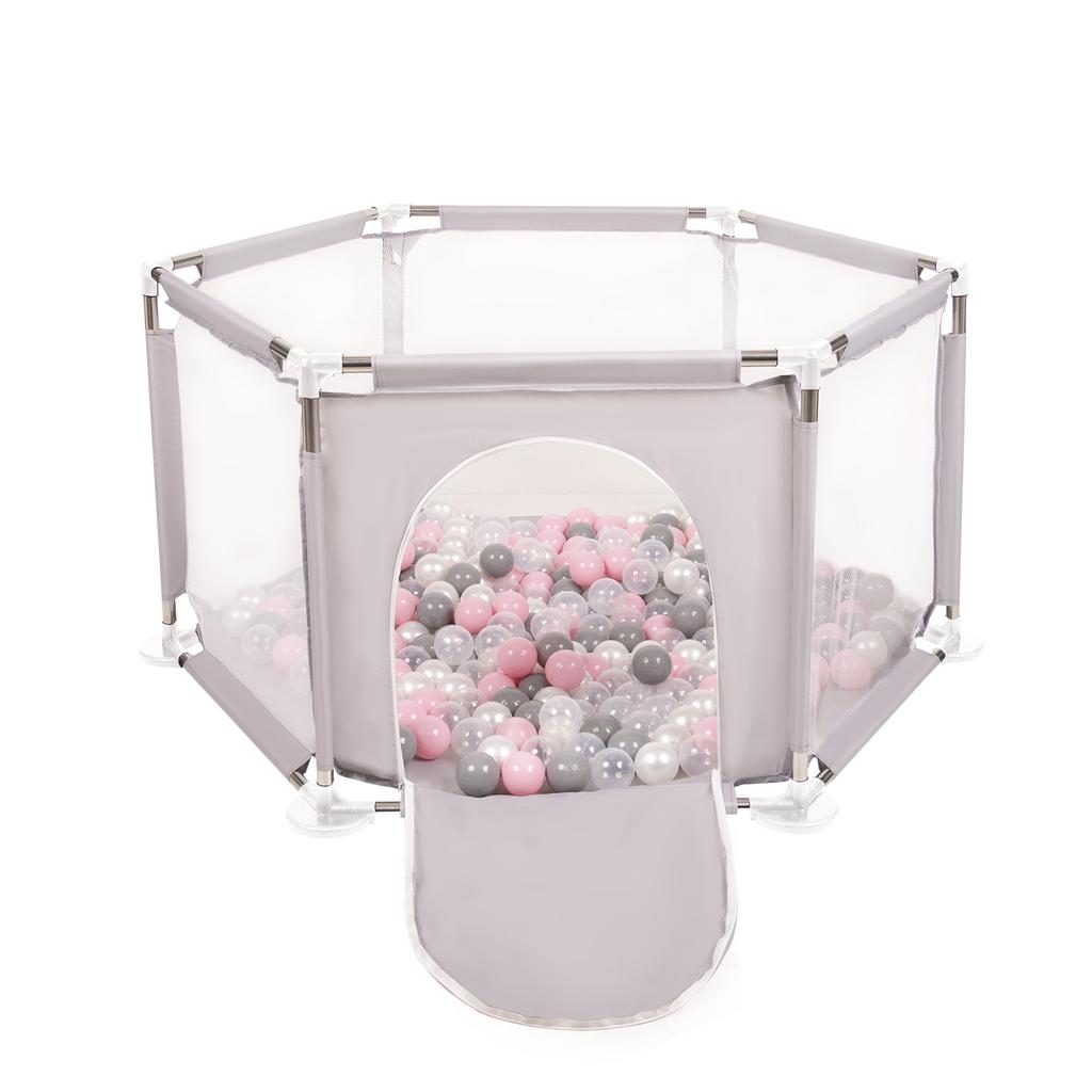 Selonis Hexagon 6 Side Play Pen with 100 Balls, Grey:pearl/grey/transparent/powder Pink