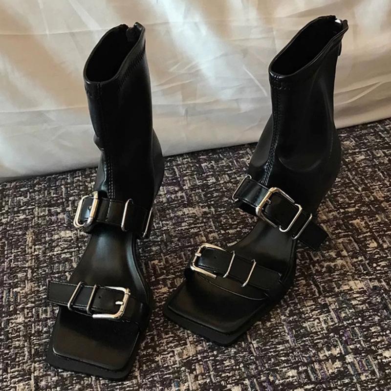 One-word Belt Hollow Fashion Cool Boots Women's Thin Heel High Heel Summer Open-toed Babes Style Short Boots Sandals