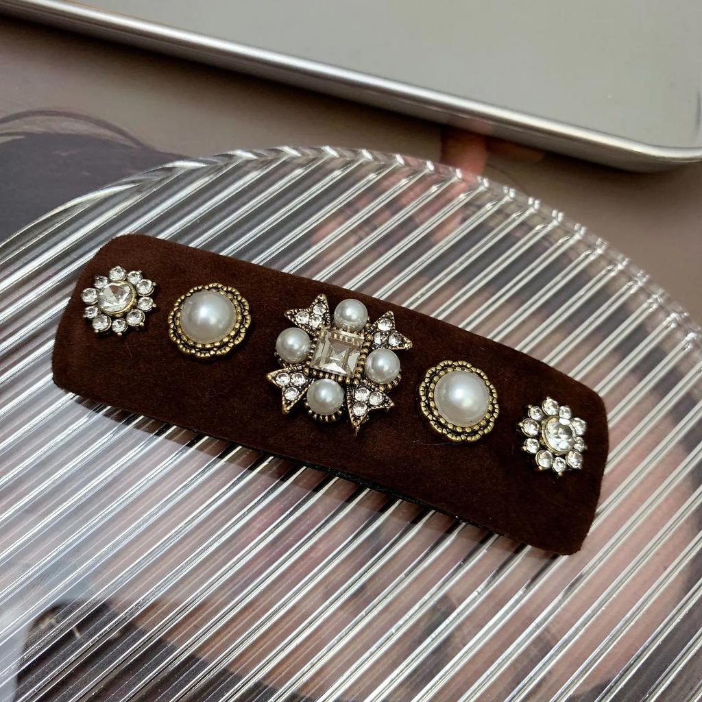 Korean Hair Accessories Heavy Industry Baroque Retro Rhinestone Edge Clip Velvet Bangs BB  Elegant Women's  Headwear