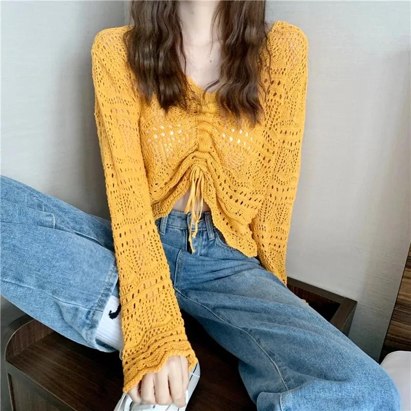 Girl's Hollow Out Solid V-Neck Knitwear Spring Long Sleeve Loose Thin Casual Knitted Tops Drawstring Sunscreen Pullovers