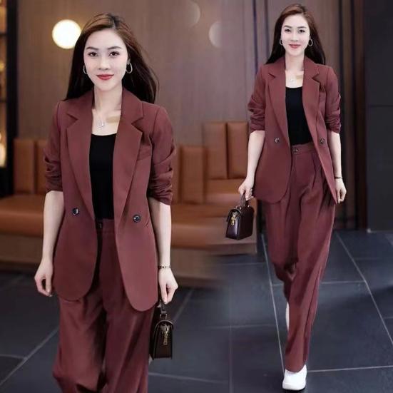 2 Pcs/Set Lady Formal Coat Pants Set Long Sleeves Double Buttons Cardigan