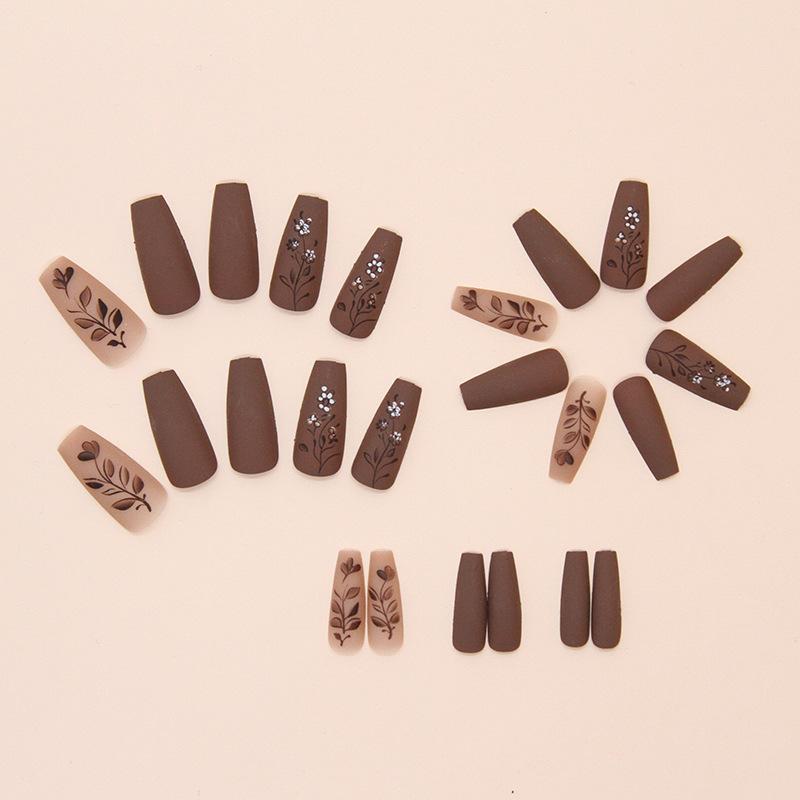 24 Pieces Wear Nail In Autumn and Winter To Show White Maillard Matte Texture Flower Leaves Ins Wind Removable Nail Art