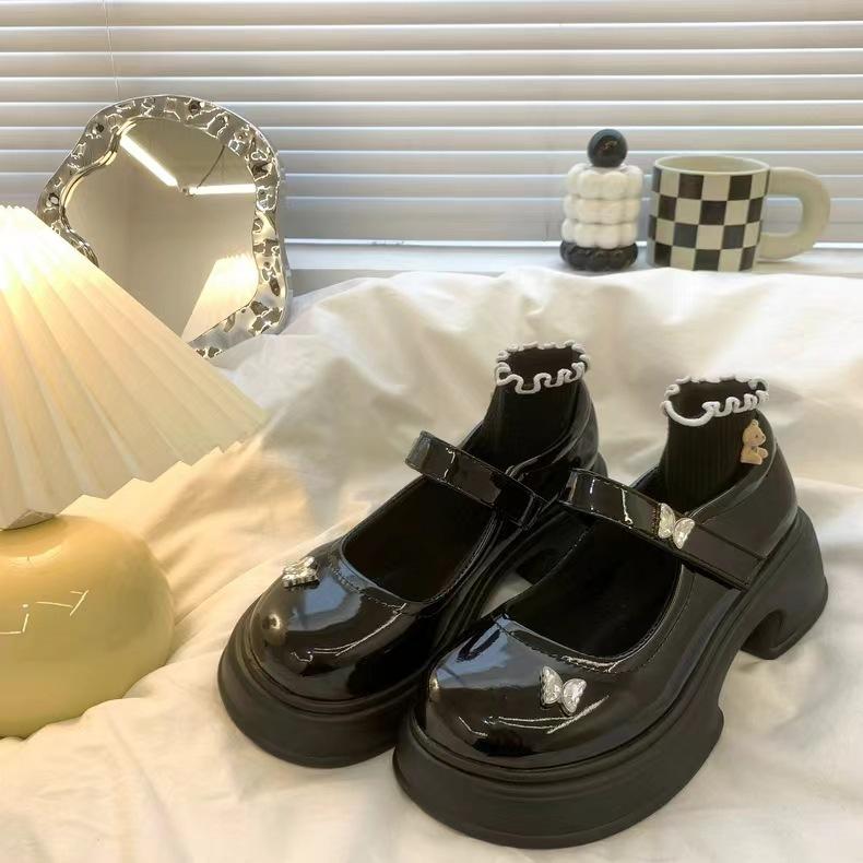 Platform Mary Jane Small Leather Shoes Women's 2024 Spring and Autumn New British Style Shoes Round Head Velcro French Single Shoes