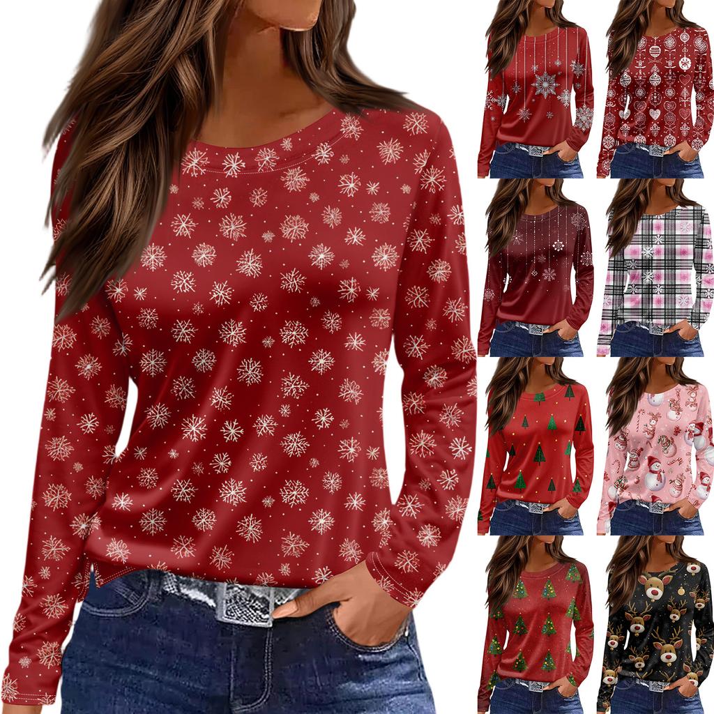 Women's Fashion Hem Slit Casual Christmas Printed Round Neck Long Sleeve Top