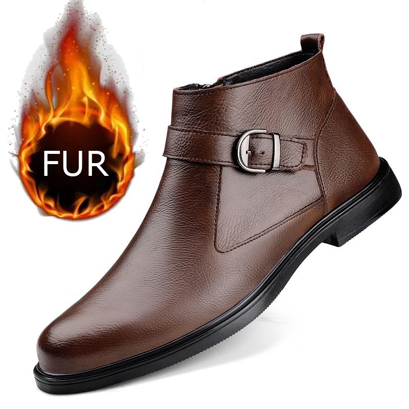 Winter Business Leather Boots Plush Warm Chelsea Men Boots Formal High Top Leather Shoes British High Quality Trendy Ankle Boots