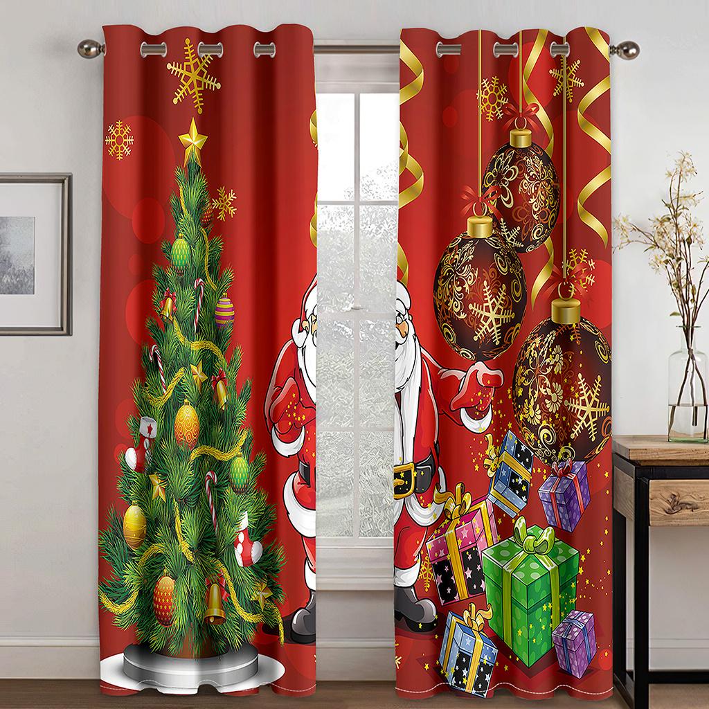 3D Christmas Curtains Christmas Christmas Tree Snowman Red Curtains Balcony Living Room Window Decorative Curtains 2 Panels