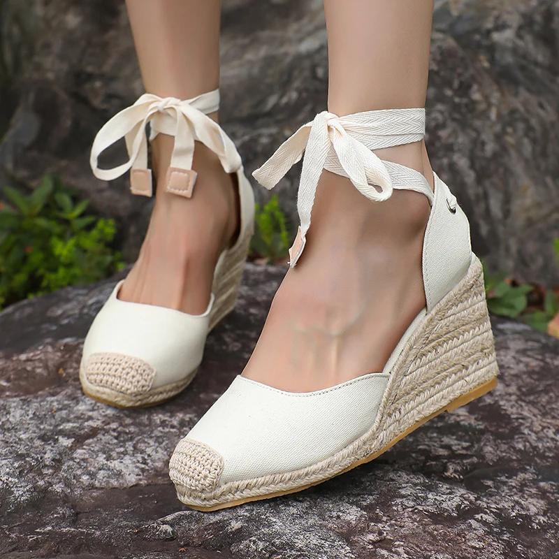Fashion Ankle Lace Up Wedges Sandals Women Summer Closed Toe Espadrille Platform Sandles Woman High Heels Gladiator Sandalias Mujer 43