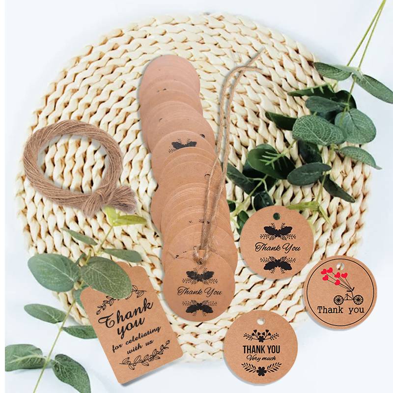 About 50PCS Kraft Paper Tags DIY Handmade/Thank You Multi Style Crafts Hang Tag With Rope Labels Gift Wrapping Supplies Wedding Favors