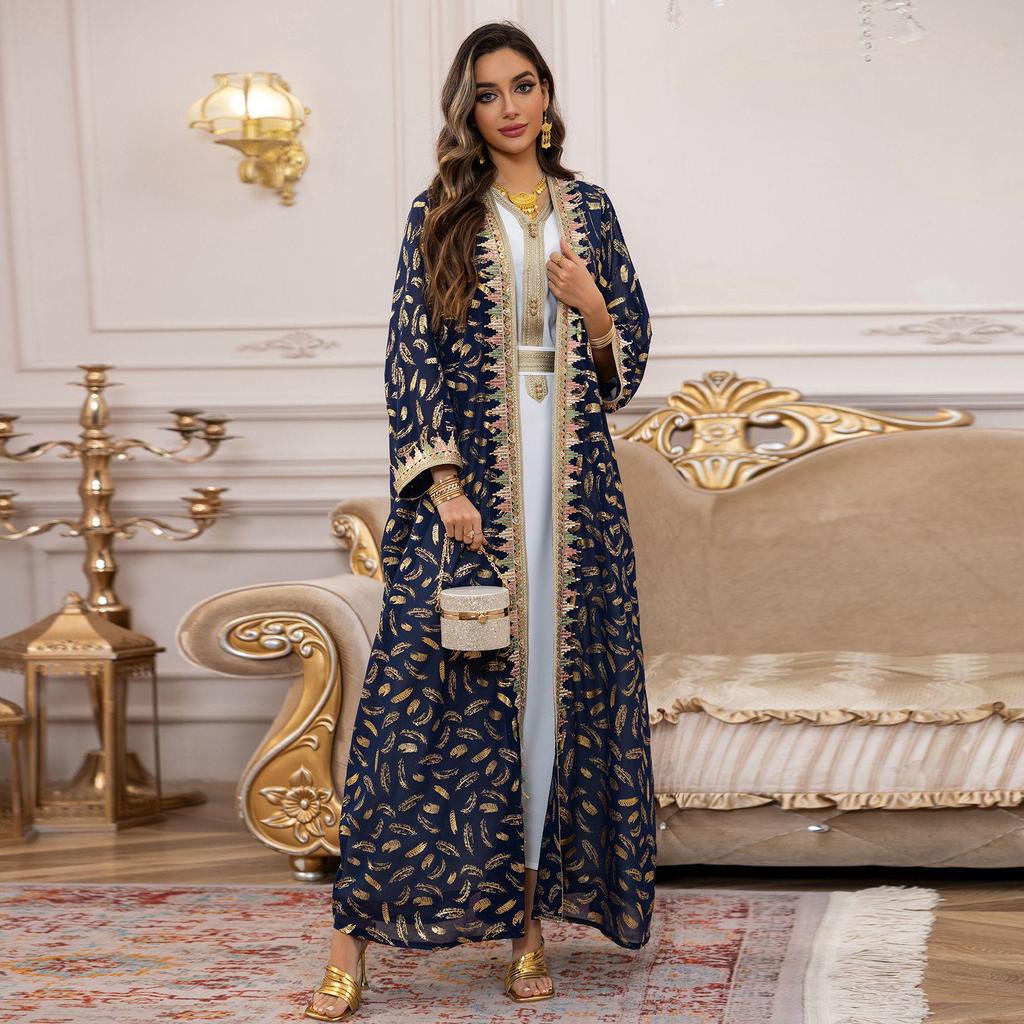 AB454 Women's Plus Size Dubai Chiffon Abaya Set - Three-Piece Middle Eastern Cardigan Long Dress with Hot Stamping