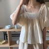 Hollowed Out Hook Flower Bubble Sleeves Square Neck Doll Shirt for Women Blouses