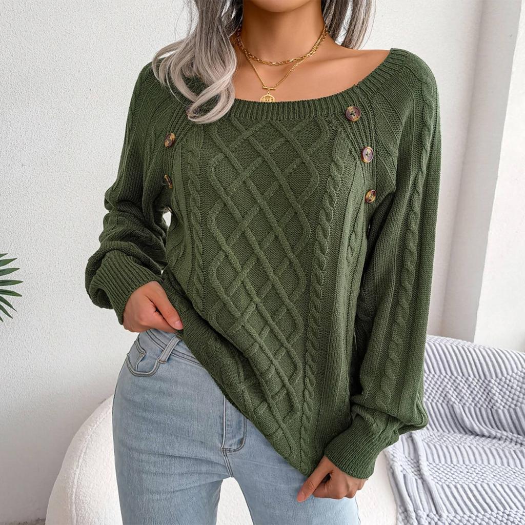 Women's Fashion Casual Solid Color Square Neck Button Cable Knit Pullover Sweater