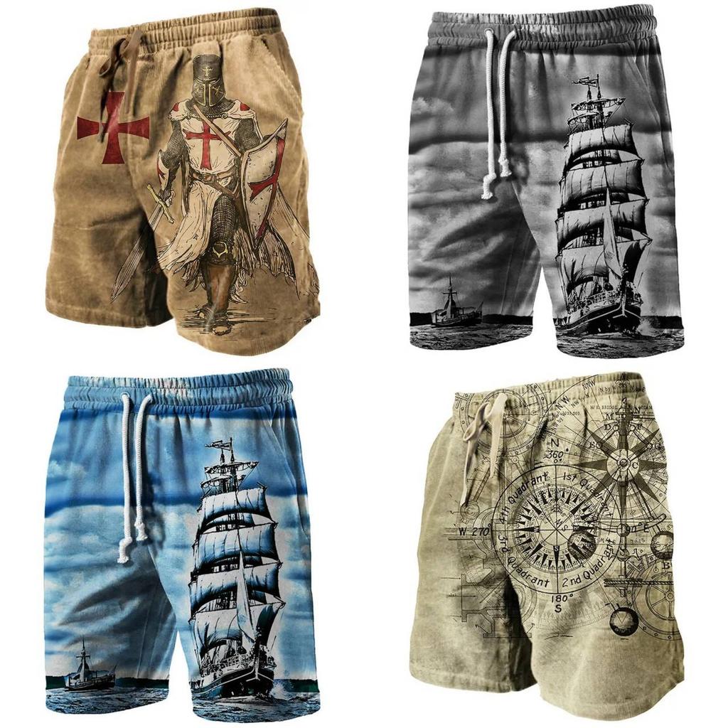 Boxing Shorts Pants 3D Print Fighting Training Retro VINTAGE Pirate Compass Map Ship Boat Knight Unisex Men Women Quick Dry Fitness Gym Sport Workout