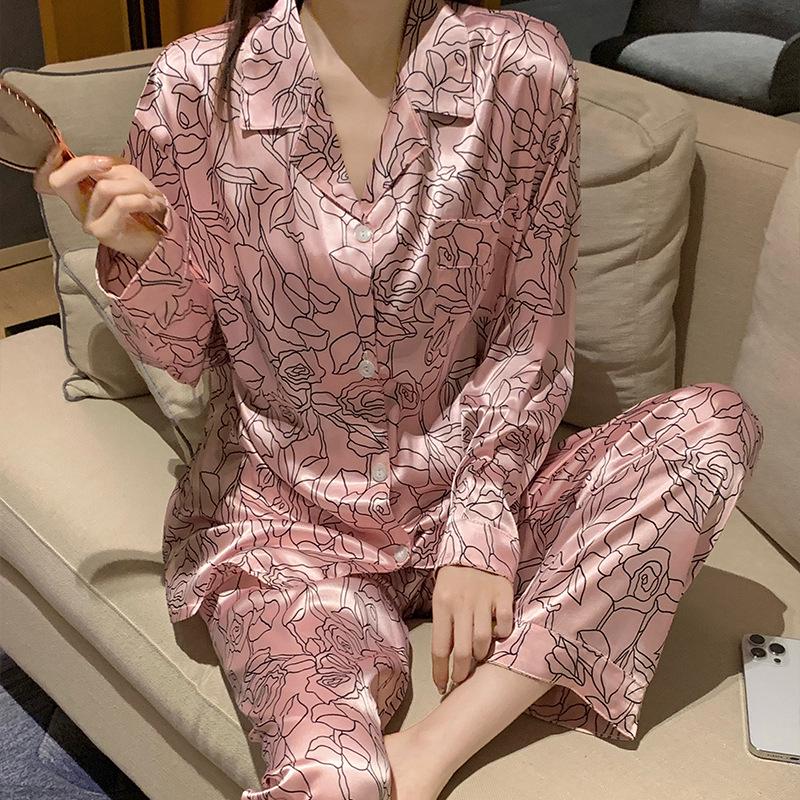 Luxury Women's Imitation Silk Long Sleeve Pajama Set - Spring/Summer Collection