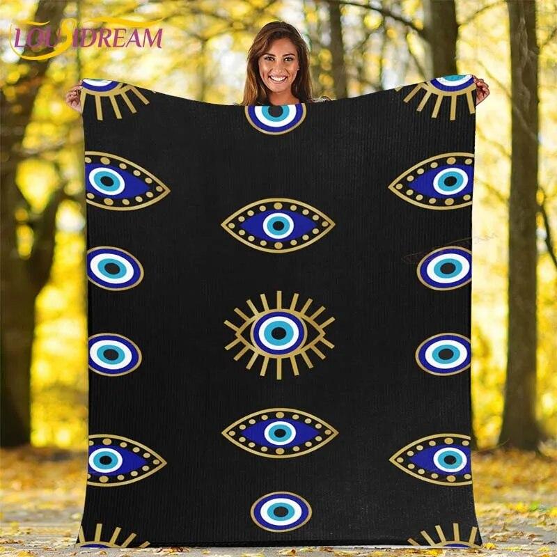 Evil Eye Blanket Turkish Nazar Spiritual Art Blanket Vintage Mid Century Flannel Blanket Sofa Chair Throw Blanket Travel Blanket