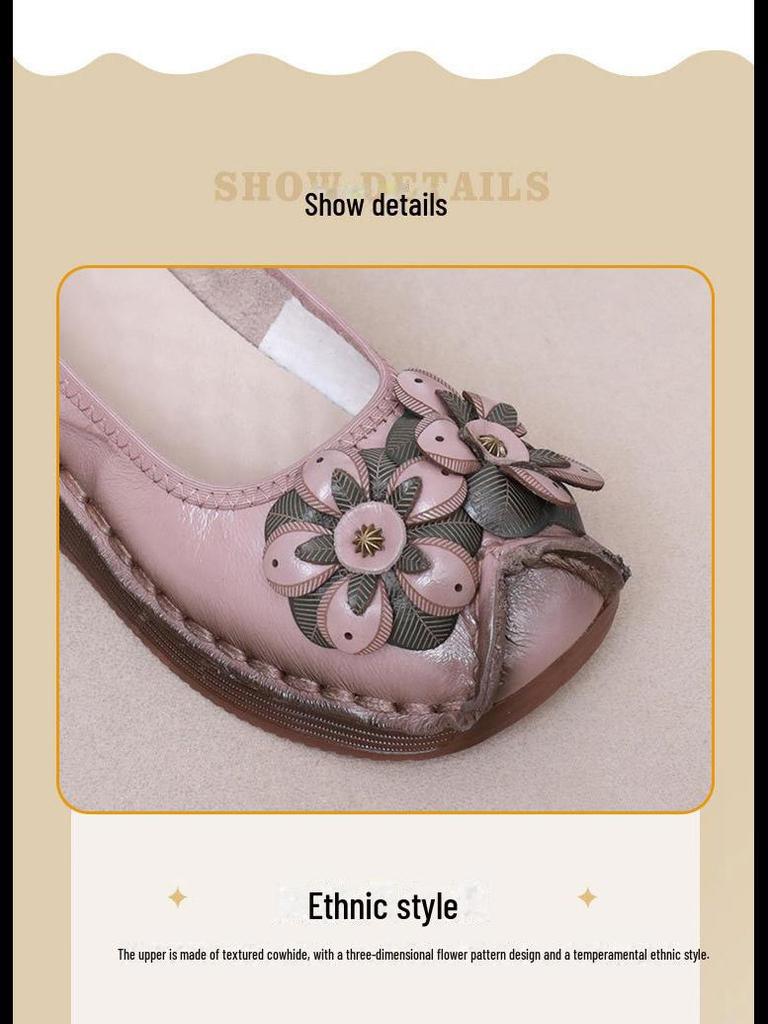 2024 Ethnic Style Cowhide Wedge Heels: Comfortable, Non-Slip, Floral Casual Shoes