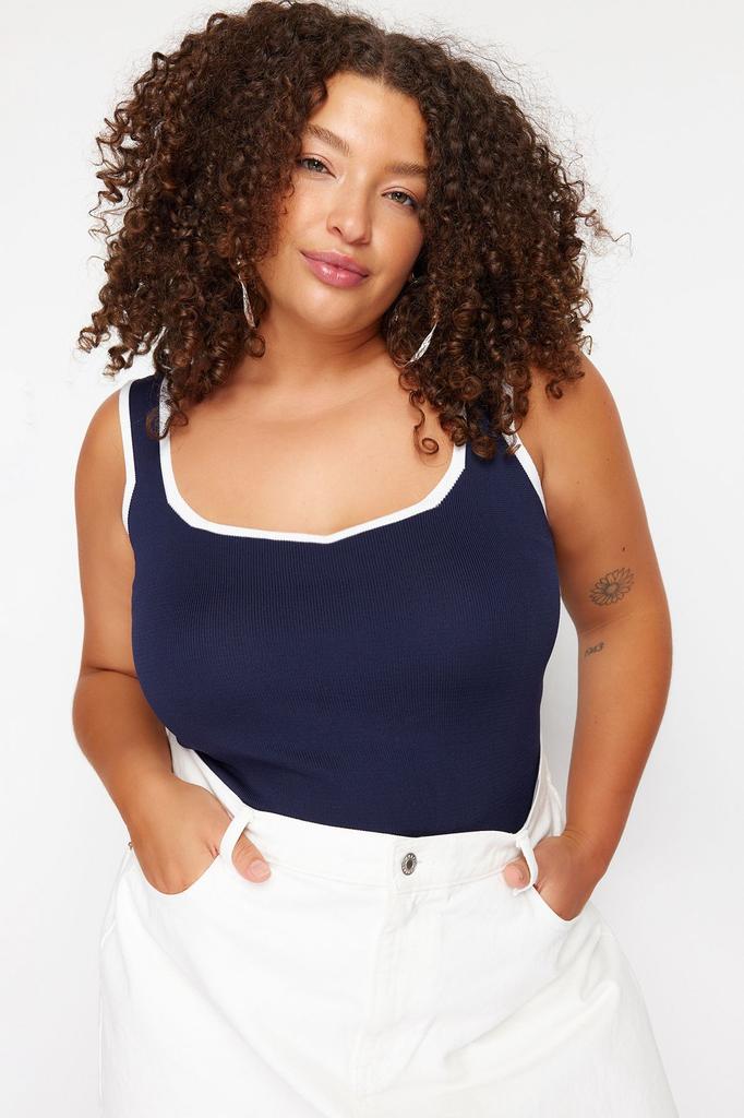 Women's Style Plus Size Navy Blue Bodycon Knitwear Blouse