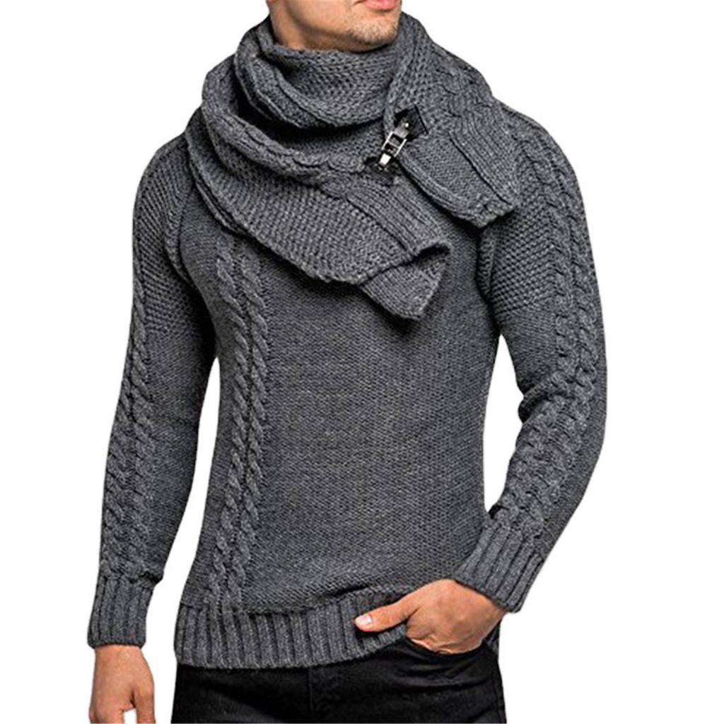 Men's Winter Casual Neck Wrap Head Long Sleeve Sweater In Solid Color