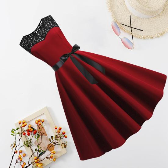 Lady Petticoats Plus Size O-Neck Sleeveless See-through Lace Stitching Ribbon Bowknot Gown Dress A-Line Skater Large Hem Midi Princess Dress