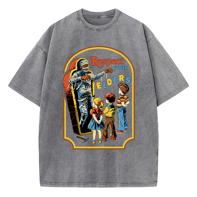 Respect Your Elders Mummy Funny Washed Retro Men T Shirt Cotton Casual Tshirts Harajuku Oversize Tshirt Loose Breathable Tee