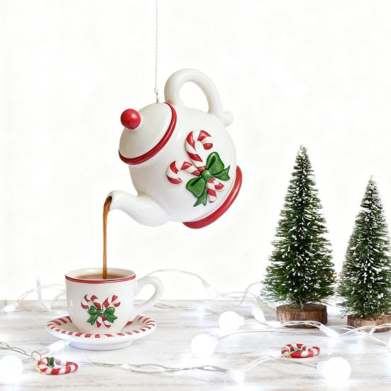 Christmas Teapot Ornament Holly Vintage Tea Cups And Pot Set Xmas Tree Hanging Ornaments 2D Acrylic Teapot Decor with Pouring Tea Effect