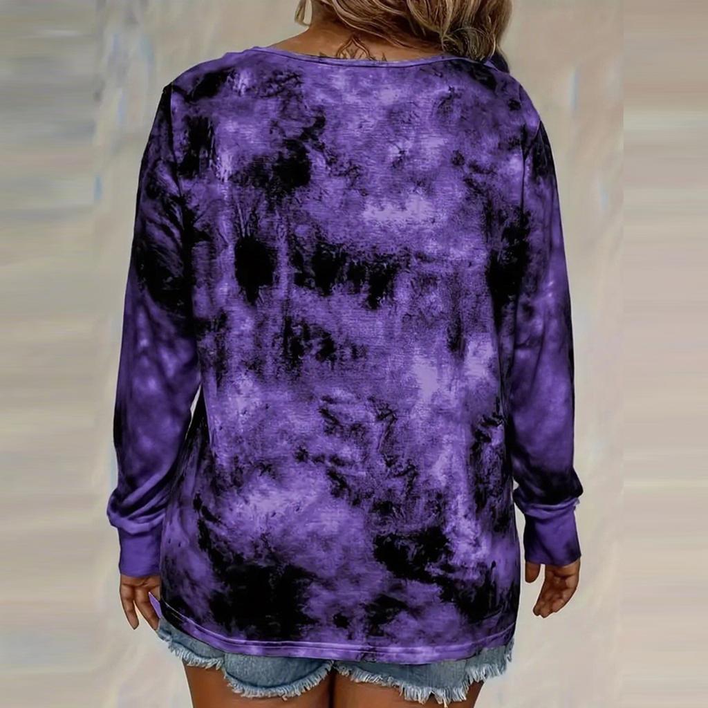 Women's Fashionable Loose-Fit Plus-Size Tie-Dye Printed Long-Sleeve T-Shirt