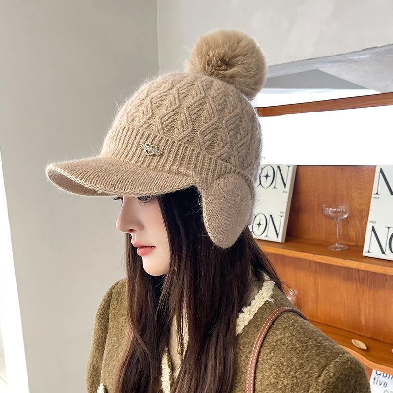 Autumn and Winter Ladies Rabbit Ears Knitted Hat Padded Warm Ear Protection Cap Wool Hat Thickened Duck Tongue Hat Beret