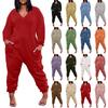 Women's Large Size Loose Casual Long Sleeve V-Neck Solid Colour Pocket Jumpsuit