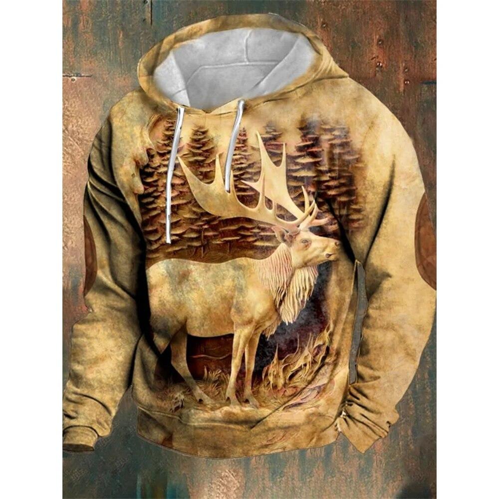 Men's Vintage Hoodie 3D Deer Hunting Graphic Hooded Sweatshirt For Male Winter Outwear Tops Oversized Daily Casual Steetwear