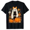 Vintage Halloween Ghost Holding Black Cat Groovy Floral T-Shirt S-4XL