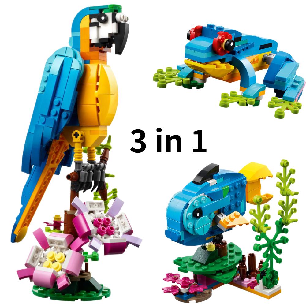 Simulation Animal Building Block Model, 3 In 1 Exotic Parrot Building Toy Set, Can Be Transformed Into 3 Different Animal Figure