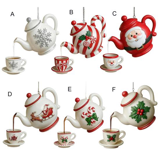 Christmas Teapot Ornament Holly Vintage Tea Cups And Pot Set Xmas Tree Hanging Ornaments 2D Acrylic Teapot Decor with Pouring Tea Effect