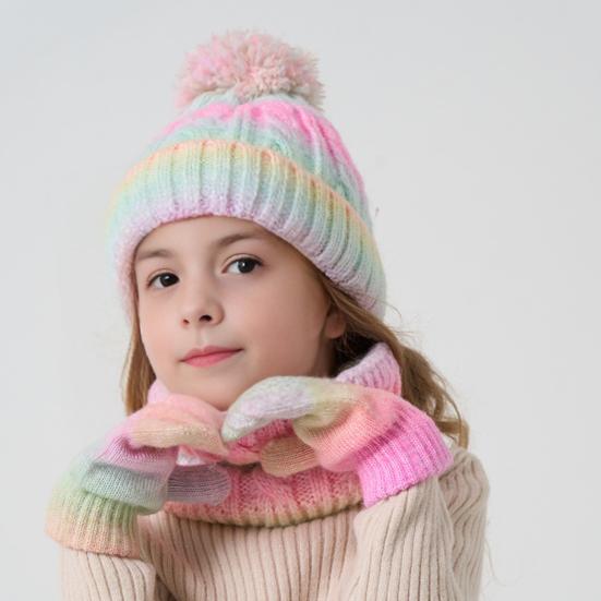 3Pcs/Set Kids Hat Scarf Gloves Set Rainbow Color Twist Texture Hat Thickened Plush Lining Neck Gaiter Knitted Gloves Set