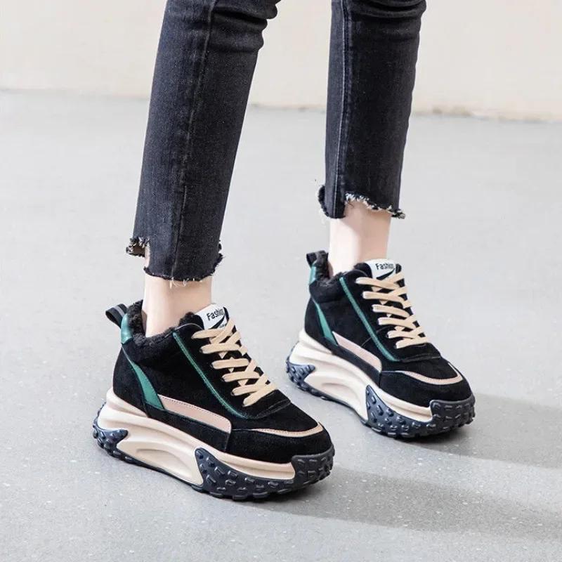 Elegant With Medium Heels Ladies Shoes Laces Lace-up Padded No Slipery Chic Fashion 2024 Plus Warm Furry Boot Women's Snow Boots