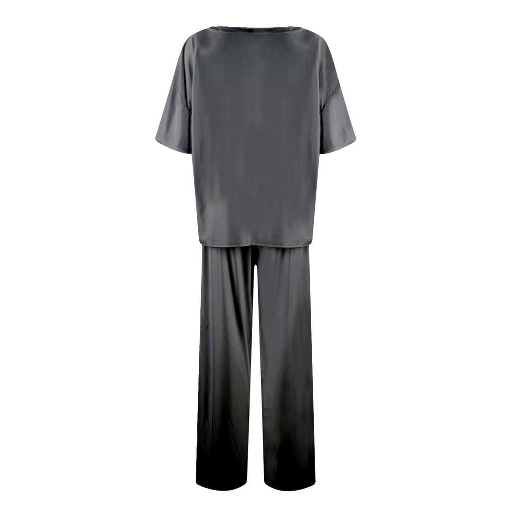 Женский шелковый однотонный пижамный комплект, рубашка с коротким рукавом и длинные пижамные штаны, мягкая пижама, домашняя одежда