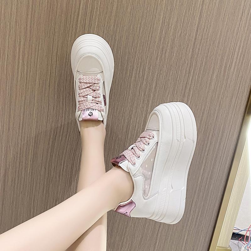 Fashion 8CM Mesh Summer Sneakers Wedge Heels Leather Vulcanized Bling Shoes Women High Platform Casual Breathable Walking Sports Shoes