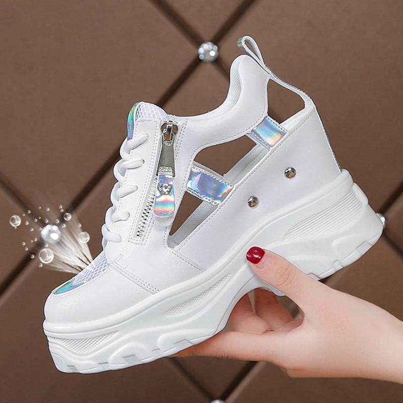 New Summer Women Sneakers Mesh High Platform Trainers White Shoes 9CM Heels Wedges Sandals Breathable Woman Casual Outdoor Shoe