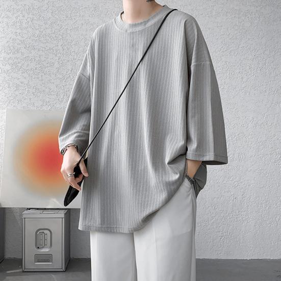 Men's Round Neck T-shirt Three-Quarter Length Sleeves Solid Color T-shirt Casual Style Loose Fit Tee Shirt for Street Travel Vacation