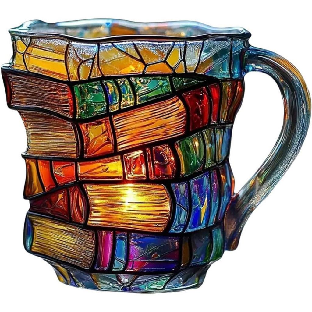 Painted Book Mug, Unique Colorful Resin Stacked Books Coffee Cup, Collectible Gift for Readers, Librarians, Literature Lovers