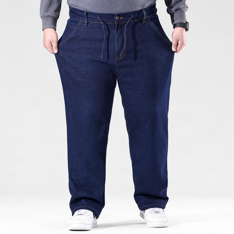 Fashion Plus Size Men's Jeans - Loose Straight-Leg Trousers High-Waisted, High-Stretch Long Trousers Blue Trousers
