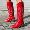 Western Women's Winter Knee High Boots Fashion Embroidery Cowboy Cowgrils Boot Wedges Heel Red Party Shoes Ladies Large Size 45