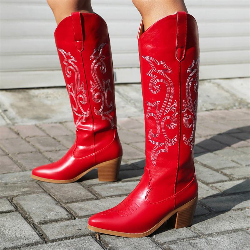 Western Women's Winter Knee High Boots Fashion Embroidery Cowboy Cowgrils Boot Wedges Heel Red Party Shoes Ladies Large Size 45