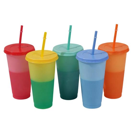 Color Changing Plastic Tumbler with Straw 24oz Reusable Cold Water Cup Leak-Proof Stackable Drinkware for Indoor Outdoor Use