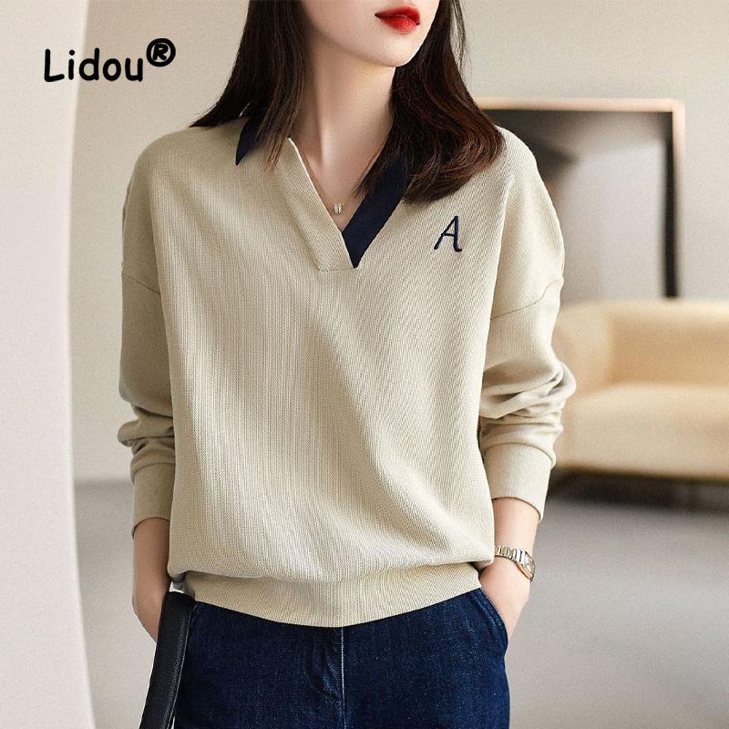 Autumn Fashion Letter Embroidery Color Blocking Sweatshirts Women New Classic Long Sleeve V-neck Casual All-match Lady Top 2022