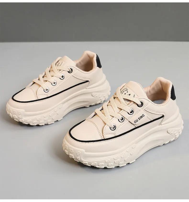 Fashion Retro Women Chunky White Casual Shoes Spring All-match Lace-up Platform Sneakers High Quality Student Board Shoes Mujer